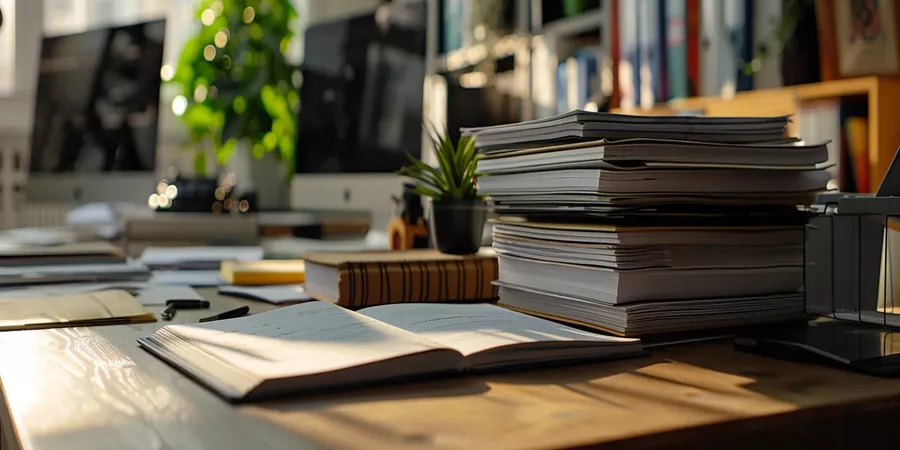 A workspace with a laptop and a stack of books on a desk, ideal for writing a request for proposal.